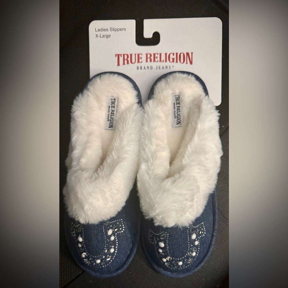 True Religion Denim Horseshoe print Slippers | Sz 9.5 - 10.5| Brand New WT